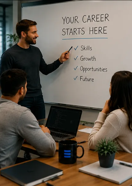 Team member presenting a career growth plan on a whiteboard