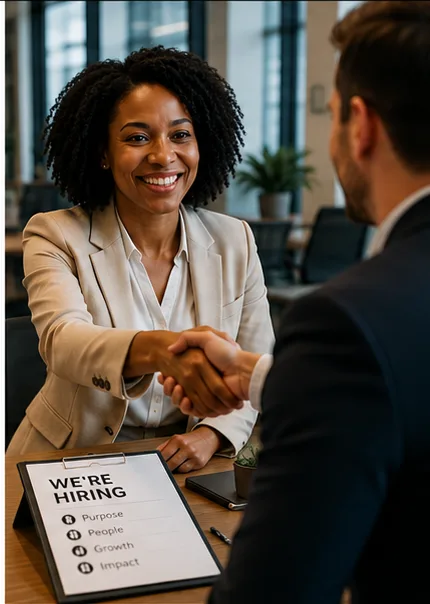 Team members shaking hands after a successful interview