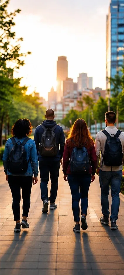Group of young adults walking together downtown