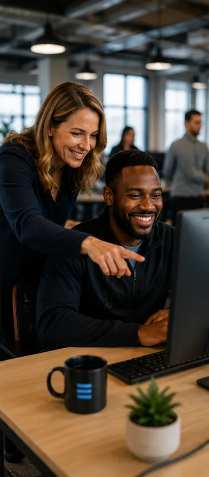 Team members reviewing work together on a computer