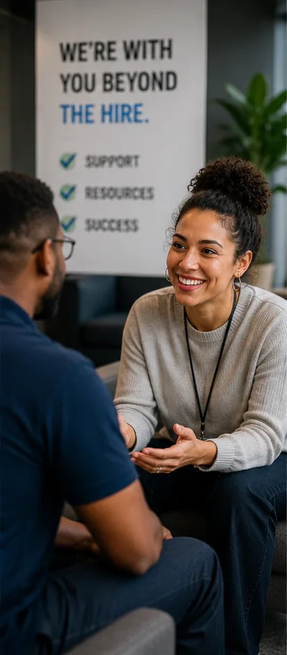 Persevere staff member talking with a graduate about post-hire support