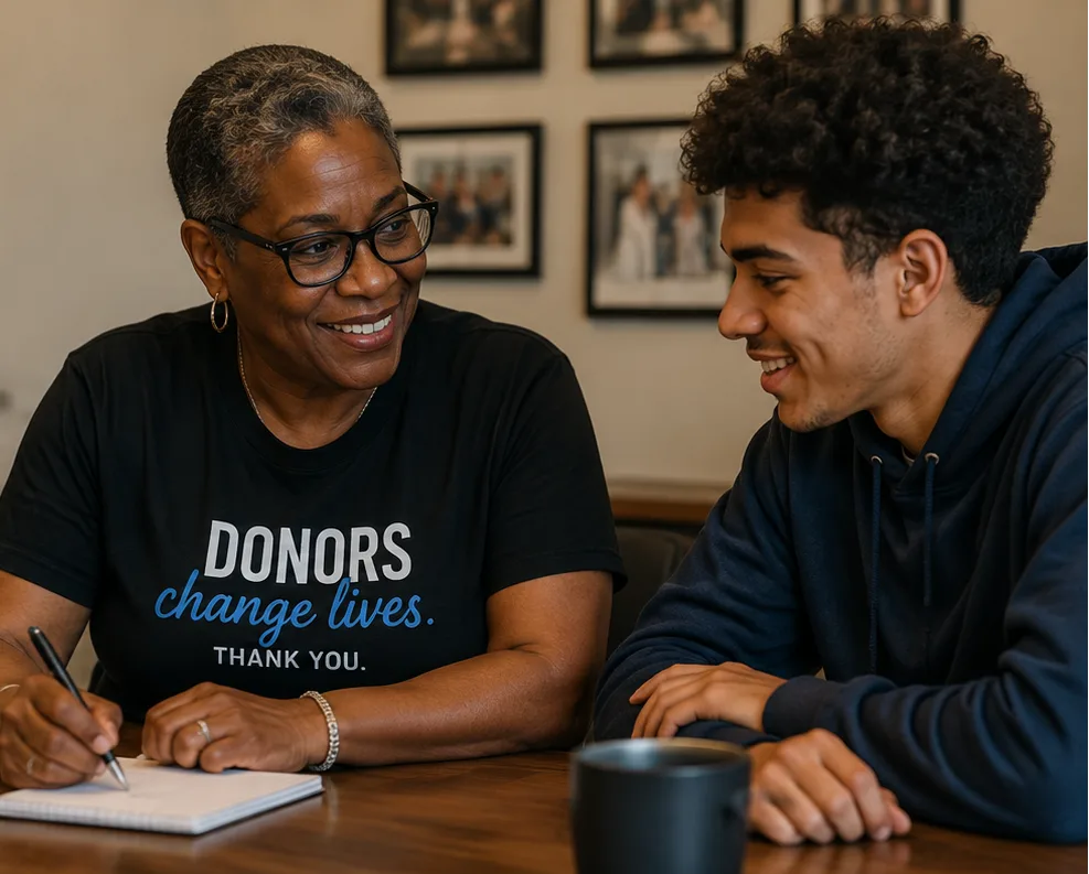 Donor and Persevere participant sharing a smile while writing a note, wearing a 'Donors change lives' shirt