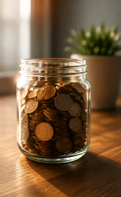 Jar filled with coins representing donations