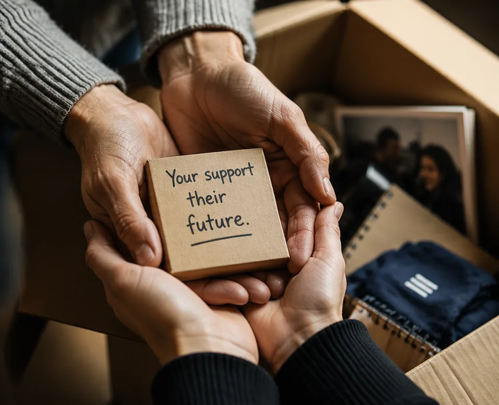 Hands holding a small gift box reading 'Your support, their future' beside a Persevere hoodie