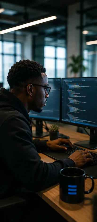 Persevere graduate coding at a dual-monitor workstation
