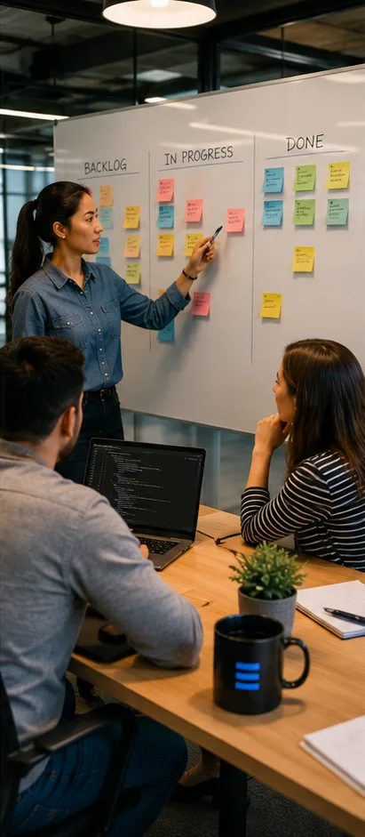 Team reviewing a project board together