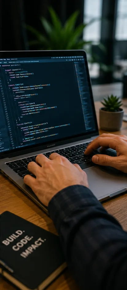 Close-up of hands coding on a laptop
