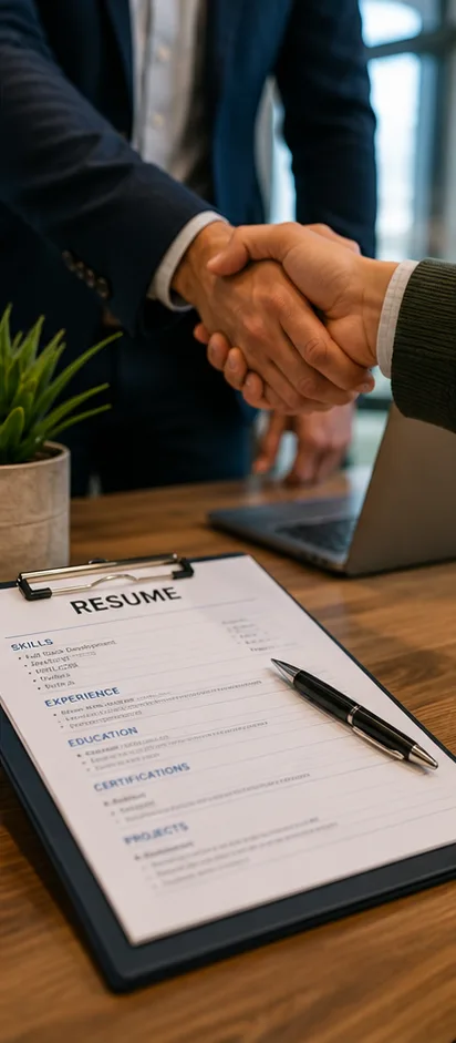 Handshake over a resume during a hiring interview