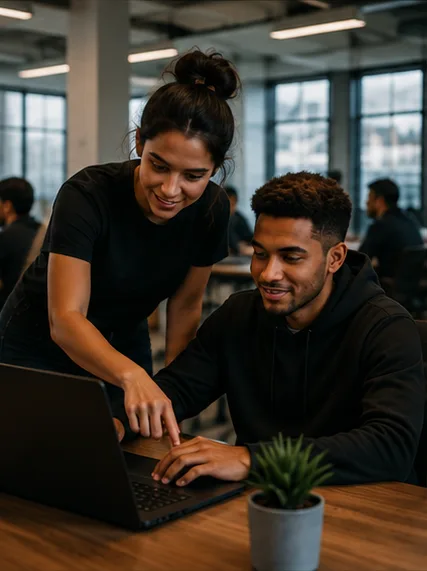 Volunteer mentoring a Persevere participant at a laptop