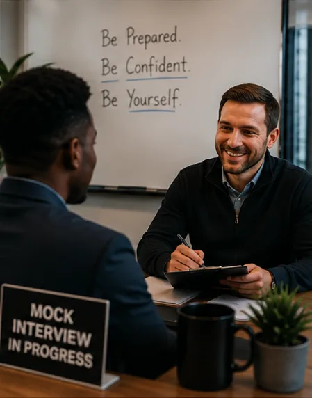Volunteer conducting a mock interview with a participant