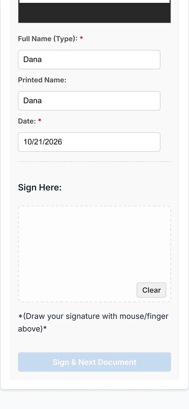 Illustrative COMPASS screen of a resident signing her onboarding packet on her phone, with fictional sample data.