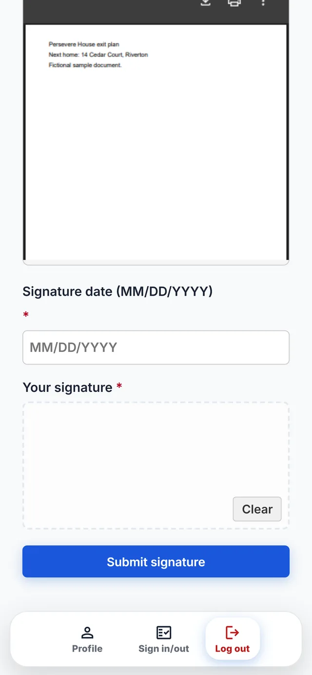 Illustrative COMPASS screen of a resident signing her exit plan remotely, with fictional sample data.