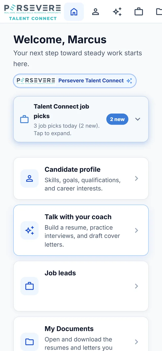 Illustrative Talent Connect home screen of a learner's next steps toward steady work, with fictional data.